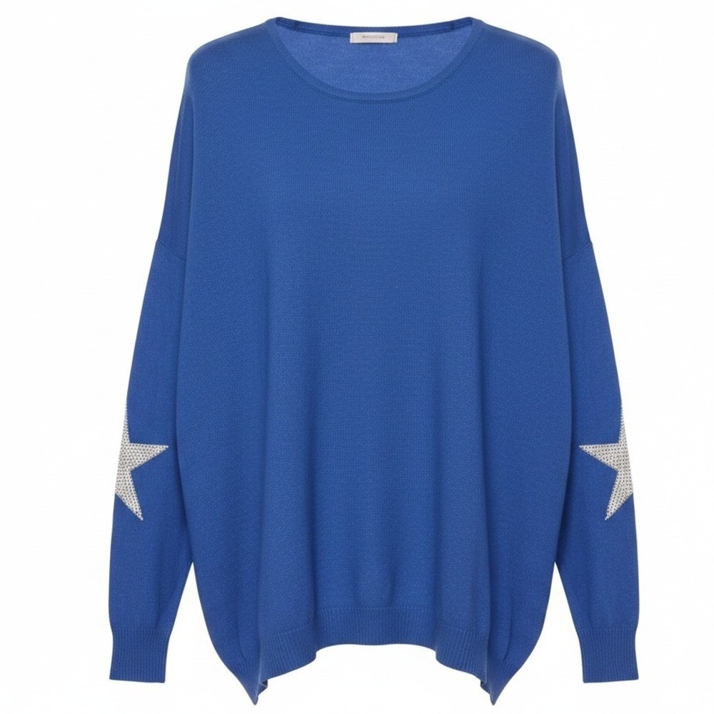 Elan Soft Cozy Vibrant Blue Sweater Rhinestone Star Elbow Accents One Size